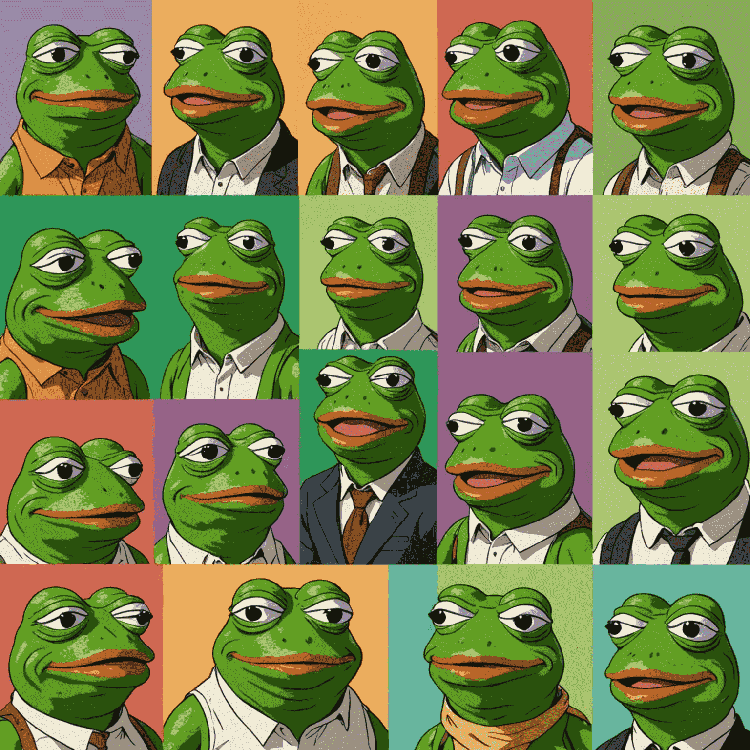 A collage of various Pepe the Frog memes, showcasing different emotions and scenarios, representing the diversity and evolution of Pepe memes in online culture