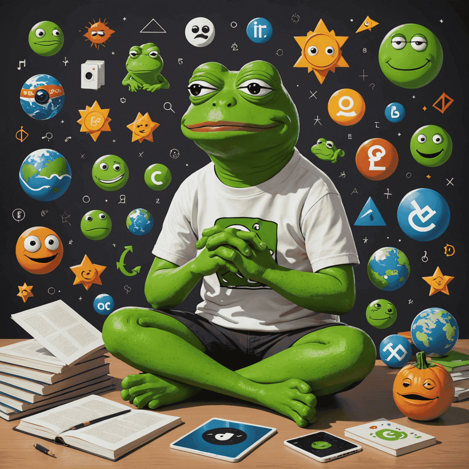 A thoughtful Pepe the Frog sitting in a philosopher's pose, surrounded by various symbols representing different aspects of internet culture and meme evolution